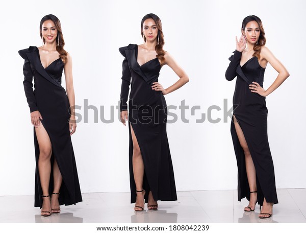 Collage Group Pack Portrait of Young Slim Asian\
Woman wears sequin Evening Ball Gown long dress, Beautiful Girl\
poses full length in difference style snap, studio lighting white\
background isolated