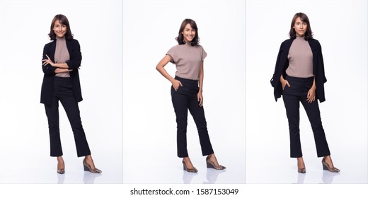Collage Group Pack Of Young 30s Mother Indian / Asian Woman Black Hair Beautiful Wear Purple Dress Blazzer High Heels Shoes Stand Many Poses Body Full Length. Studio Lighting White Background Isolated