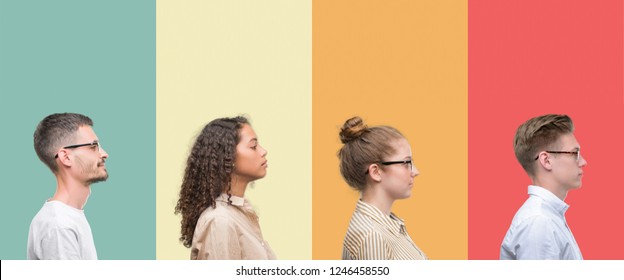 Collage Of A Group Of People Isolated Over Colorful Background Looking To Side, Relax Profile Pose With Natural Face With Confident Smile.