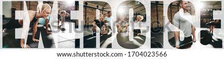 Collage of a group of people lifting weights, doing pushups and relaxing together in a gym with an overlay of the word exercise