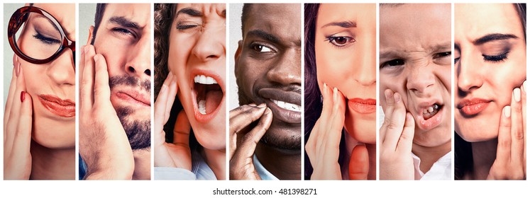 Collage group of people with toothache. Men, women, kid with tooth pain illness 