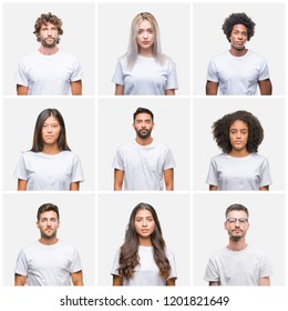 Collage Of Group Of People Wearing Casual White T-shirt Over Isolated Background With Serious Expression On Face. Simple And Natural Looking At The Camera.