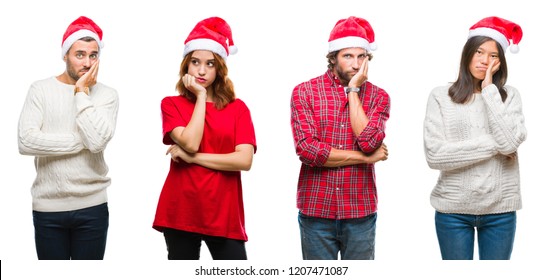 Collage of group of people wearing christmas hat over isolated background thinking looking tired and bored with depression problems with crossed arms. - Powered by Shutterstock