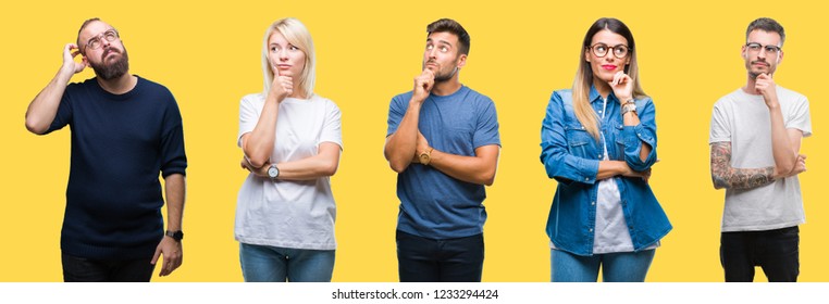Collage of group people, women and men over colorful yellow isolated background with hand on chin thinking about question, pensive expression. Smiling with thoughtful face. Doubt concept. - Shutterstock ID 1233294424
