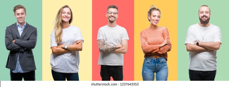 Collage Of Group People, Women And Men Over Colorful Isolated Background Happy Face Smiling With Crossed Arms Looking At The Camera. Positive Person.