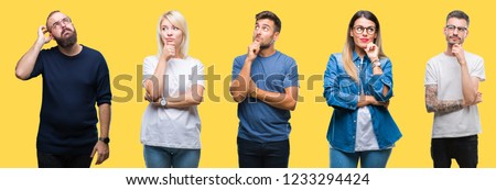 Collage of group people, women and men over colorful yellow isolated background with hand on chin thinking about question, pensive expression. Smiling with thoughtful face. Doubt concept.