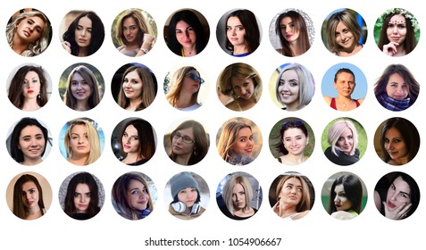 Collage Group Portraits Of Young Caucasian Girls For Social Media Network. Set Of Round Female Avatar Isolated On A White Background