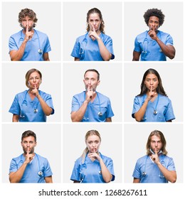Collage of group of professional doctor nurse people over isolated background asking to be quiet with finger on lips. Silence and secret concept.