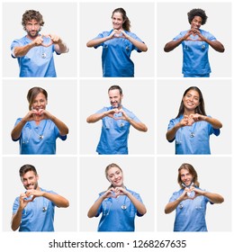 Collage Of Group Of Professional Doctor Nurse People Over Isolated Background Smiling In Love Showing Heart Symbol And Shape With Hands. Romantic Concept.