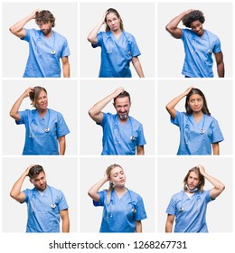 Collage Of Group Of Professional Doctor Nurse People Over Isolated Background Confuse And Wonder About Question. Uncertain With Doubt, Thinking With Hand On Head. Pensive Concept.