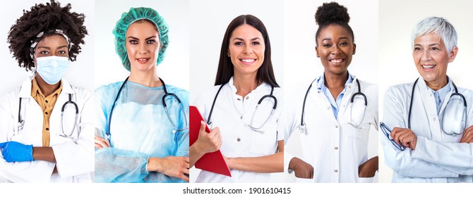 Collage Of Group Of Professional Doctor Nurse People Over Isolated Background With A Happy And Cool Smile On Face. Lucky Person. Medical Staff Around The World - Ethnically Diverse Headshot Portraits