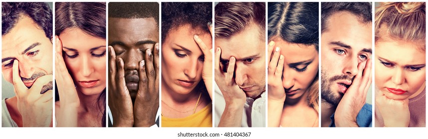 Collage group of sad depressed people. Unhappy men women 