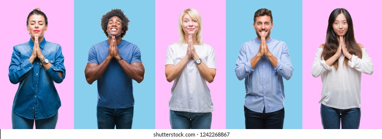 Collage of group of young casual people over colorful isolated background praying with hands together asking for forgiveness smiling confident. - Shutterstock ID 1242268867