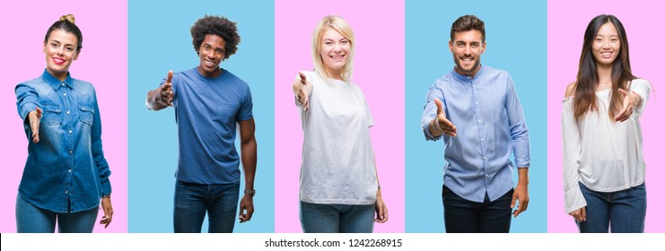 Collage Of Group Of Young Casual People Over Colorful Isolated Background Smiling Friendly Offering Handshake As Greeting And Welcoming. Successful Business.