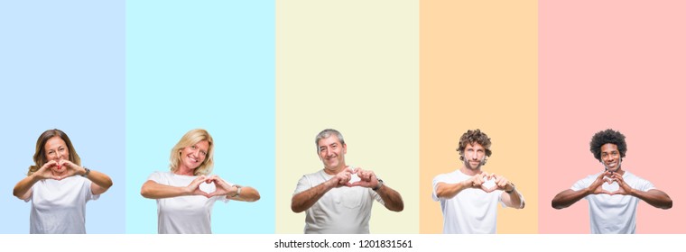 Collage of group of young and middle age people wearing white t-shirt over color isolated background smiling in love showing heart symbol and shape with hands. Romantic concept.