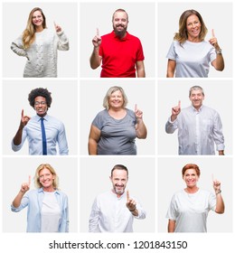 Collage Of Group Of Young, Middle Age And Senior People Over Isolated Background Showing And Pointing Up With Finger Number One While Smiling Confident And Happy.