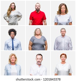 Collage Of Group Of Young, Middle Age And Senior People Over Isolated Background With Serious Expression On Face. Simple And Natural Looking At The Camera.