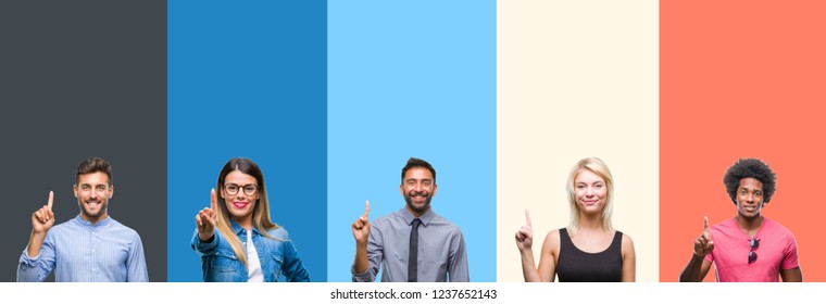 Collage Of Group Of Young People Over Colorful Vintage Isolated Background Showing And Pointing Up With Finger Number One While Smiling Confident And Happy.