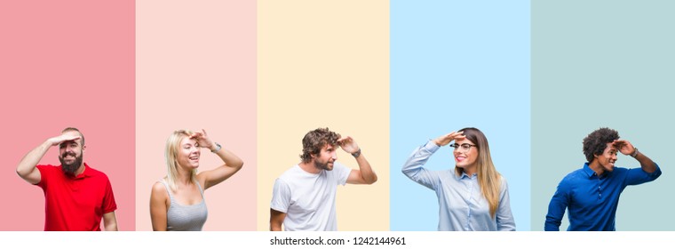 Collage of group of young people over colorful vintage isolated background very happy and smiling looking far away with hand over head. Searching concept.