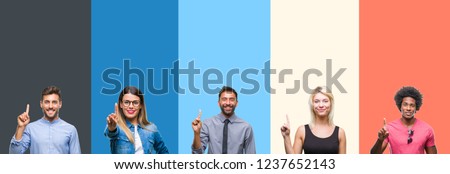 Collage of group of young people over colorful vintage isolated background showing and pointing up with finger number one while smiling confident and happy.