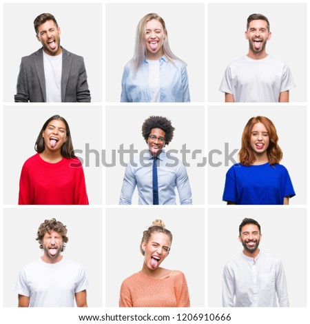 Collage of group of young people woman and men over isolated background sticking tongue out happy with funny expression. Emotion concept.