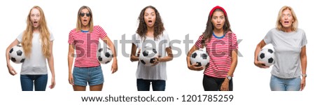 Collage of group of young and senior women holding soccer ball over isolated background scared in shock with a surprise face, afraid and excited with fear expression