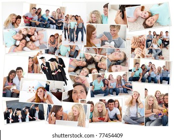 Collage Of Groups Of Young People Having Fun Together In Various Situations