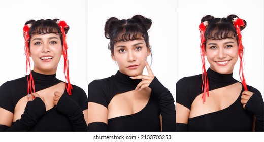 Collage half body of 20s Asian Indian Arab Woman wear dress black braided hair on white background isolated. Female express feeling smile happy and strong fashion poses on face facial