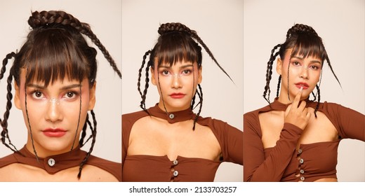 Collage half body of 20s Asian Indian Arab Woman wear brown dress black braided hair on white background isolated. Female express feeling smile happy and strong fashion poses on face facial