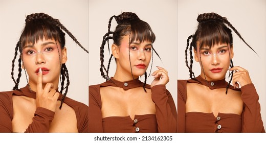 Collage half body of 20s Asian Indian Arab Woman wear brown dress black braided hair on white background isolated. Female express feeling smile happy and strong fashion poses on face facial