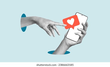 Collage with hand with smartphone and symbol of likes. Interaction in social networks and sharing likes. Share social networks