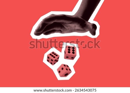 Collage of hand throwing dice down isolated on red background. Retro pop art style illustration with halftone effect and white border.