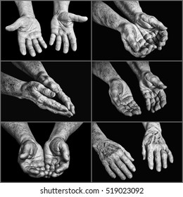 Collage hands of elderly persons on a black background