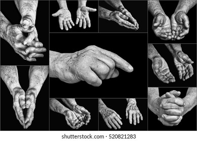 Collage hands of elderly persons on a black background