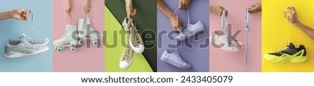 Collage of hands holding sports shoes on color background