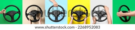Collage with hands holding steering wheels on color background