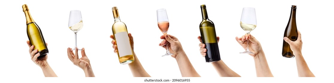 Collage de manos con varias botellas de vino y vasos de vino aislados sobre fondo blanco. Deliciosa degustación de vinos. Concepto de alcohol, bebida, fiesta, degustación, vacaciones. Copiar espacio para el anuncio