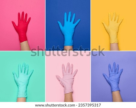 Collage of hands in medical gloves on color background