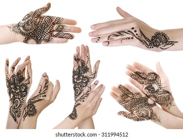 Collage with hands painted with henna, isolated on white