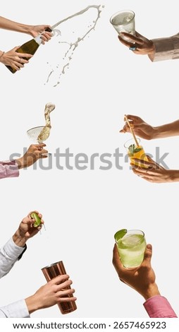 Collage of hands pouring, squeezing lime, and mixing vibrant cocktails on white background. Concept of bartending visuals, drink menu design, hospitality branding, party promotion.