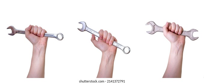 A Collage Of Hands With Wrenches On A White Background. Repair Tools.