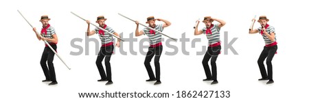 Collage. Handsome male gondolier, seaman, sailor isolated over white studio background. Concept of professional occupation, work, job. Copyspace for ad, text. Caucasian man with oar.
