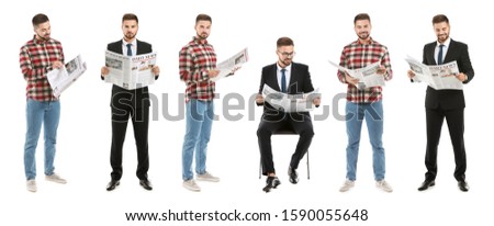 Collage of handsome man with newspapers on white background