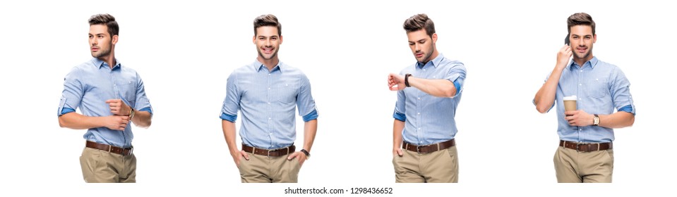 collage of handsome office worker in blue shirt and beige pants looking at watch, drinking coffee and talking on smartphone isolated on white