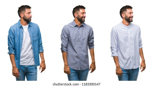 Collage Of Handsome Young Indian Man Over Isolated Background Looking Away To Side With Smile On Face, Natural Expression. Laughing Confident.