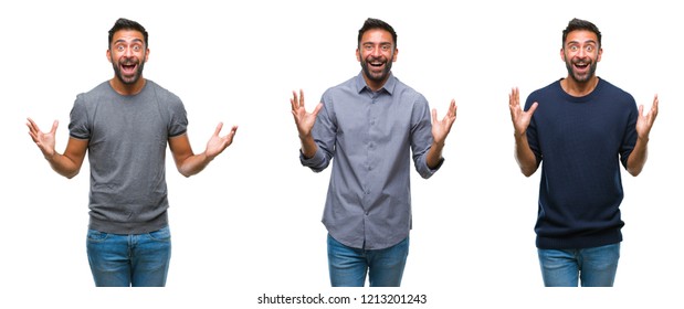 Collage Of Handsome Young Indian Man Over Isolated Background Celebrating Crazy And Amazed For Success With Arms Raised And Open Eyes Screaming Excited. Winner Concept