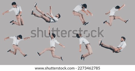 Collage of handsome young man hovering against grey background