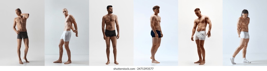 Collage of handsome young men with muscular fit bodies posing in underwear shirtless against grey background. Concept of men's health, beauty, fashion, body and skin care, fitness, ad - Powered by Shutterstock