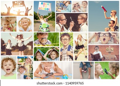 Collage Happy Children Playing Outdoors Day Stock Photo (Edit Now ...