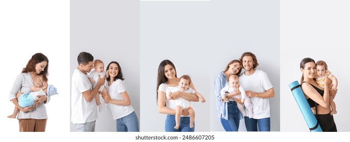 Collage of happy couples with their babies on light background - Powered by Shutterstock